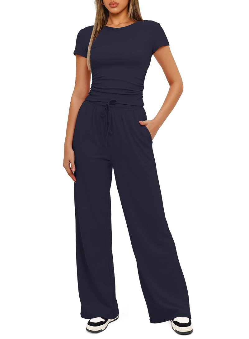 Darong Women's 2 Piece Outfits Short Sleeve Lounge Sets 9042A Dark Blue M