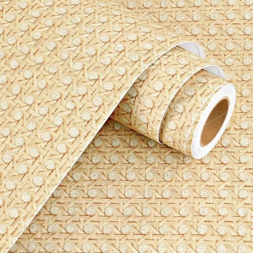 WESTICK Brown Rattan Wallpaper Self Adheisve Cane Webbing Peel and Stick Wicker Weave Wallpaper Non-Textured Cane Rattan Look Contact Paper for Cabinets Furniture TV Stand Headboard Buffet 15.8" x 80"