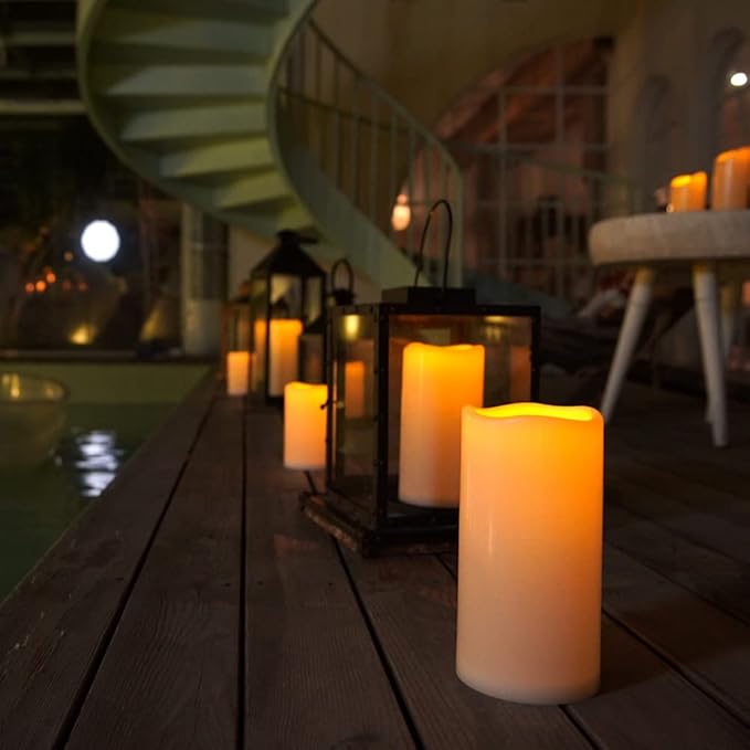 Homemory 4" x 8" Waterproof Outdoor Flameless Candles, Battery Operated Flickering LED Pillar Candles with Remote and Timers for Indoor Outdoor Lanterns, Long Lasting, Large, Dark Ivory, Set of 2