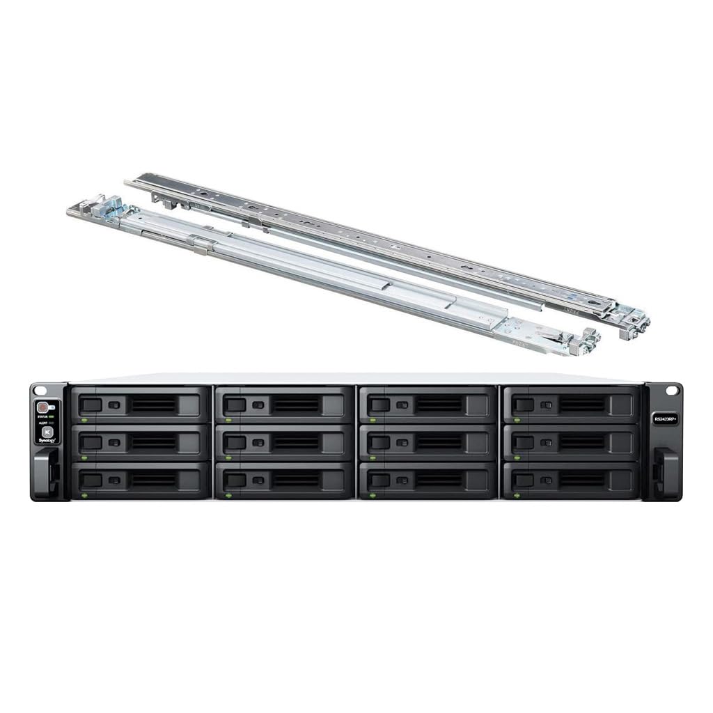 Synology RackStation RS2423RP+ NAS Server with Ryzen 3.35GHz CPU, 32GB Memory, 216TB HDD Storage, 10GbE LAN Ports, Redundant Power, DSM Operating System Bundle with Rail kit