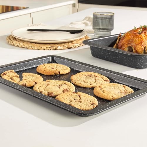 Salter COMBO-8261 Baking Tray Set of 2, Non-Stick Carbon Steel Oven Sheet, Easy Clean, Strong & Durable, Long Lasting, PFOA-Free, Megastone Collection, Black/Silver, 37 cm