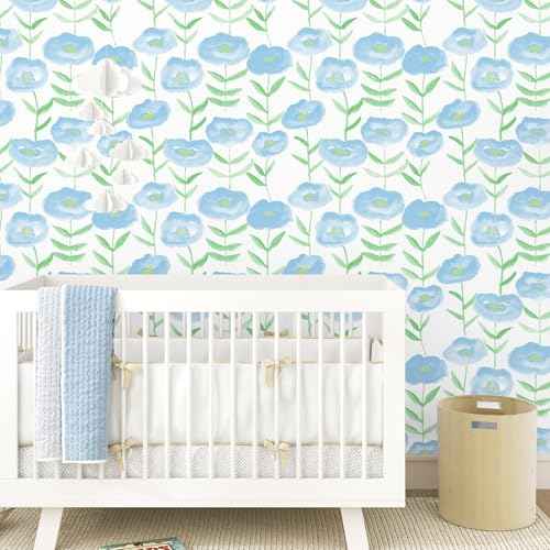 Blue Floral Peel and Stick Wallpaper Nursery Watercolor Flower Contact Paper for Cabinets Liner Cute Blue Floral Self Adhesive Waterproof Wallpaper for Kids Room Bathroom Walls 17.5"x102"