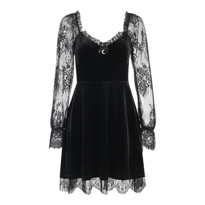 IKADEX Gothic Lolita Dress for Women Black Lace Dress Velvet Mini Dresses Goth Clothes for Teen Girls #A: Black M