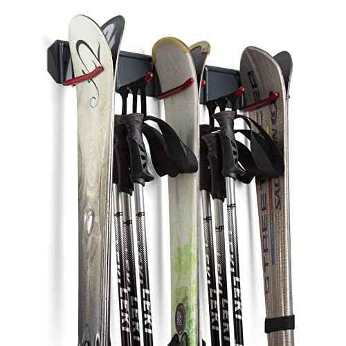 Wall Mounted Horizontal Rack for Storage of Skis and Poles-Heavy Duty Weatherproof Nonslip Garage Wall Organizer for Carrying Snowboard, Hockey Sticks, Skates, Helmets (Large, 2 Ski Sets)