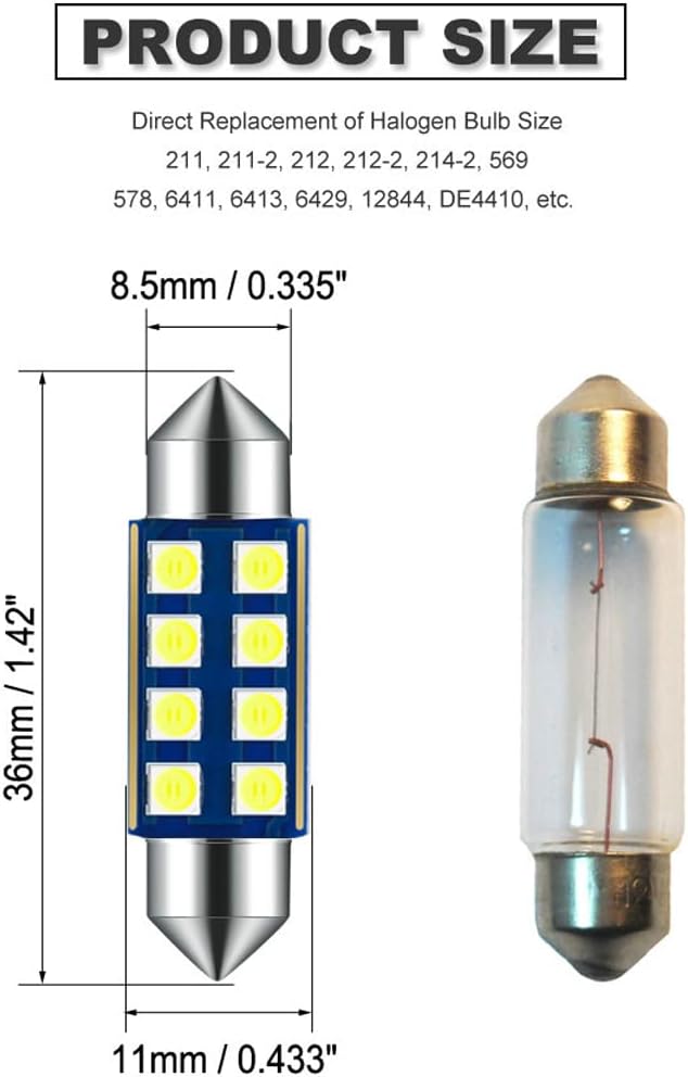 12V 36MM Festoon 6418 DE3423 DE3425 6000K White Extra Bright LED Bulbs for Car Interior Lights License Plate Map Dome Trunk Door Courtesy Light 8-SMD Chipset Canbus Error Free