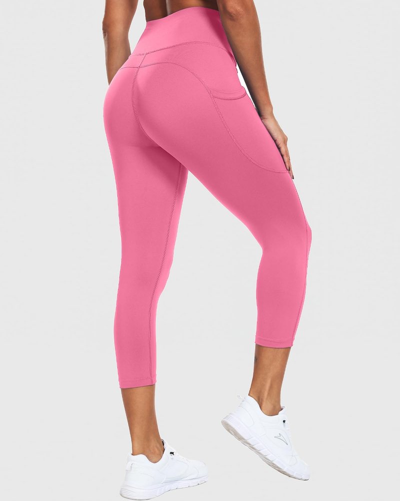 CADMUS High Waisted Workout Legging Capri for Women Athletic Yoga Pants with Two Side Pockets, 1153, Pink, S
