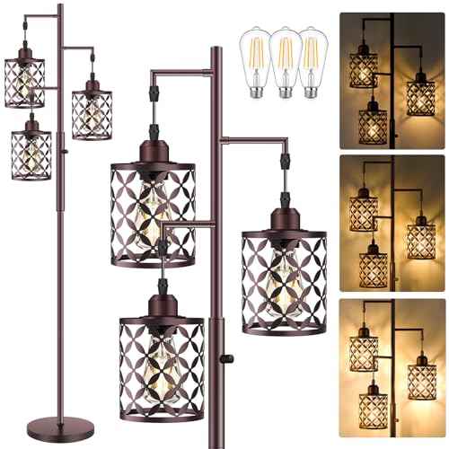 68" Dimmable Floor Lamp, Farmhouse Standing Lamp with Elegant Metal Cage, Industrial Tall Tree Floor Lamps for Living Room, Bedroom, Study Room, Office (2000LM LED Bulbs Included) - Brown