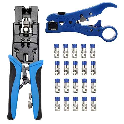 Coax Cable Crimping Kit Adjustable Tool Set Coaxial Cable Crimping Tool for RG59 RG6 F BNC RCA with 20 PCS F Compression Connectors