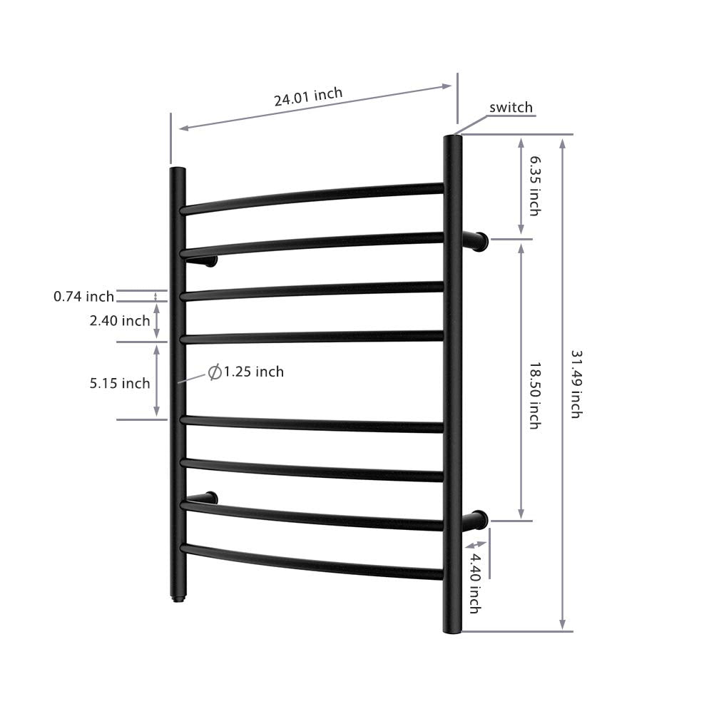 HEATGENE Towel Warmer 8 Bar Plug-in Curved Bath Towel Heater Towel Warmer for Bathroom Plug-in Drying Rack Brushed