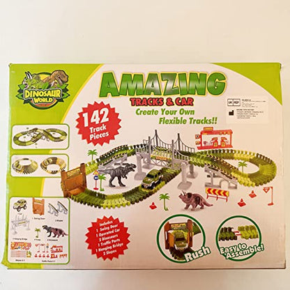 Dinosaur Toys for 3-7+ Year Old Boys Girls, Flexible Tracks Race Car Set, World Road Race Birthday Gift for Kids Aged 3-5