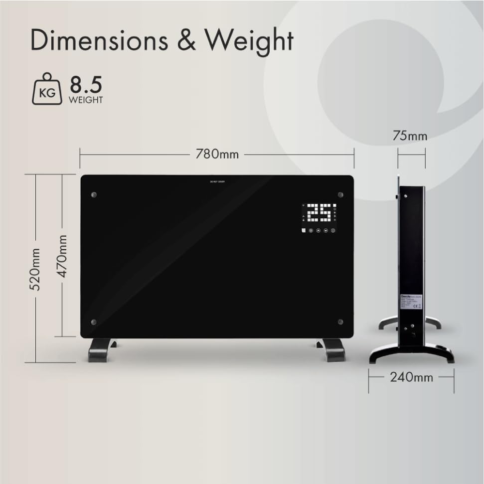 Devola Wifi Enabled Smart Electric Glass Panel Heater 2000W | Alexa Heating Control, Open Window Detection, Wall Mounted & Free Standing Low Energy Heaters with Timer | Lot 20, DVPW2000B (Black)