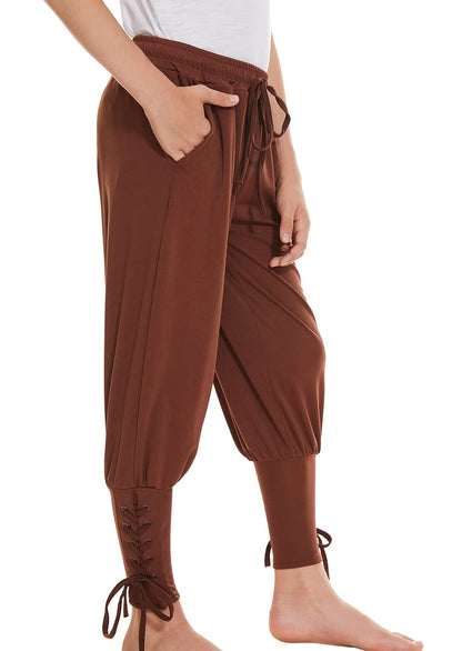 Medieval Ankle Banded Pirate Pants for Boys, Kids Renaissance Viking Pirate Costume, Halloween Cosplay Gothic Striped Pants Trousers (10-12 Years, Coffee)