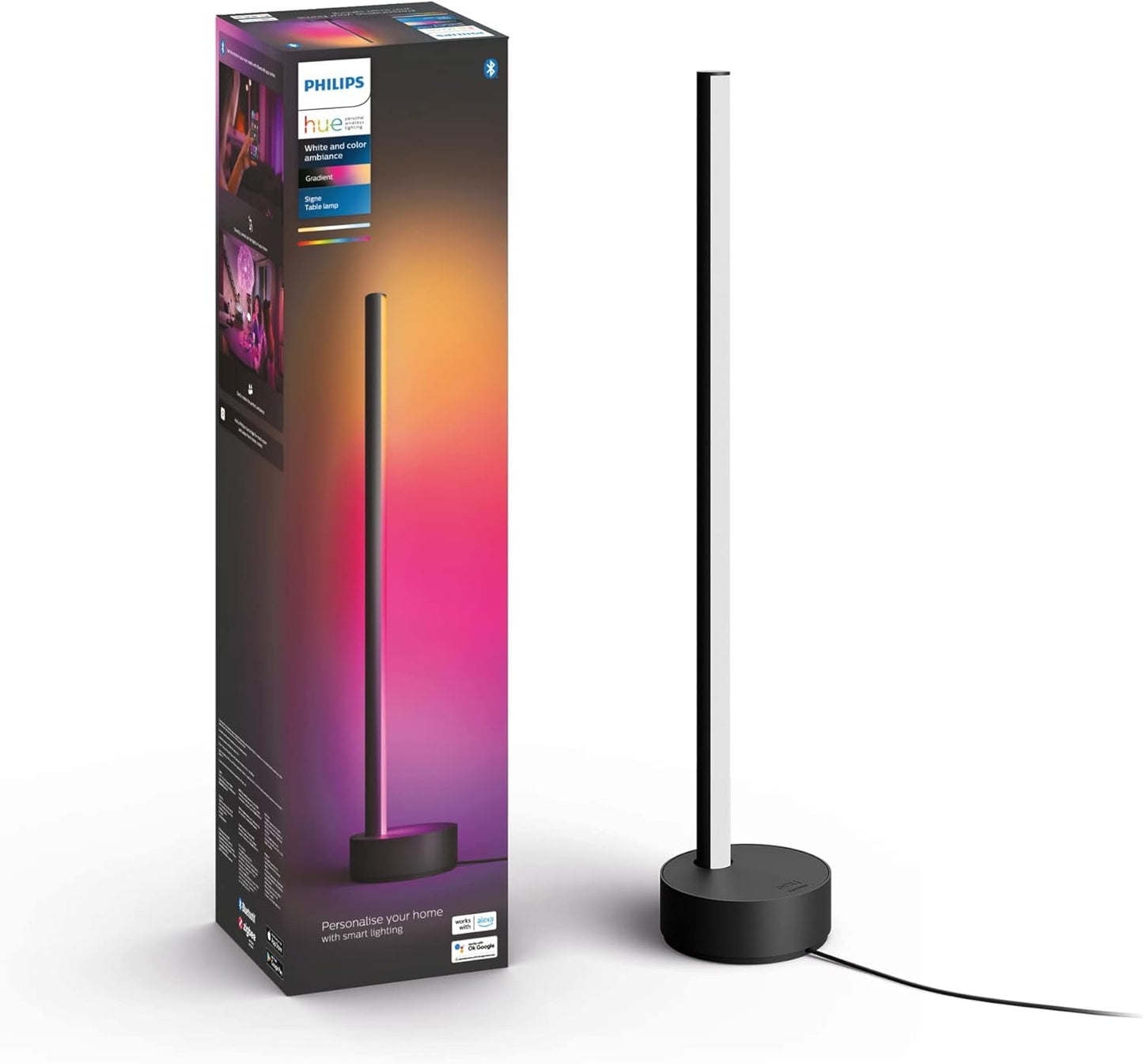Philips Hue Signe White and Colour Ambiance Gradient Table Lamp [Black], Smart Bedroom Lighting with Bluetooth, Plug-in Lamp Works with Alexa, Google Assistant and Apple Homekit.