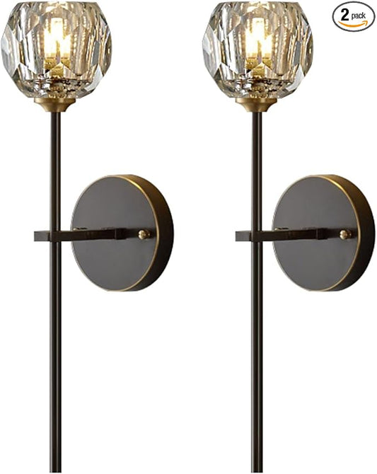 BOKT Mid Century Matte Black Crystal Wall Sconce Lighting Set of 2 Modern Long Metal Wall Light Set of Two 1-Light Clear Glass Wall Lamp Retro Industrial Crystal Bathroom Vanity Light Fixture