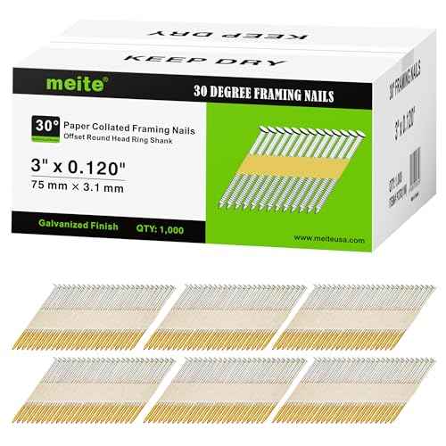 meite 30 Degree Framing Nails 3-Inch x .120-Inch, Ring Shank, Electro-Galvanized Coated, Paper Tape Collated, Offset Round Head Framing Nails for 30-34 Degree Framing Nailers (1,000 Counts)