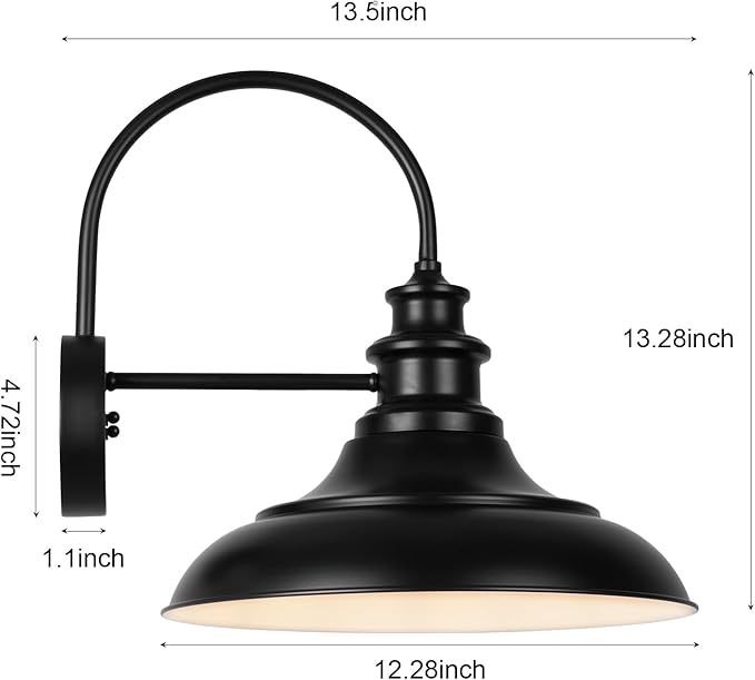 Outdoor Barn Light Fixture, 12.3 Inch Large Dome Farmhouse Exterior Wall Mount Light, Gooseneck Wall Sconce Indoor Wall Lighting Fixture, Industrial Black White Finish Lantern for Porch, RZ004 BK+WH