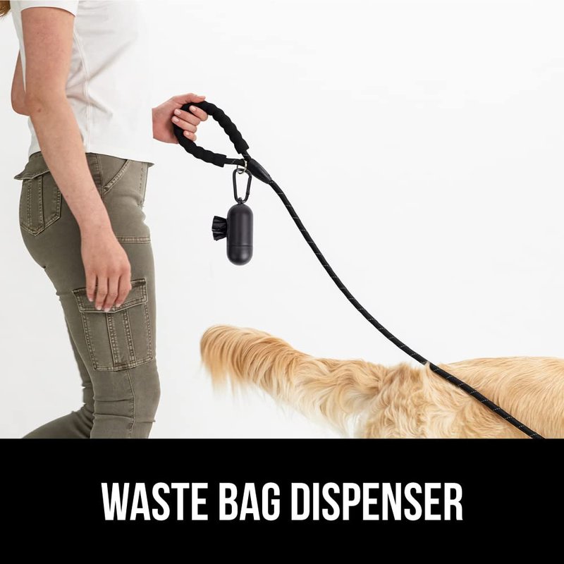 GORILLA GRIP Dog Leash, Heavy Duty Reflective Rope Leashes for 33lb Dogs, Cats, Small Animals, Puppy Training Essential for Walks, Hikes, Soft Handle, Rotating Metal Clip, Waste Bag Dispenser, Black