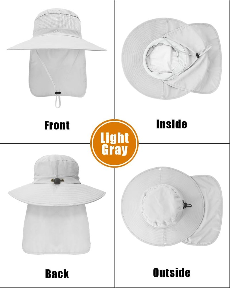 Outdoor Sun Hats with Stowable Neck Flap for Men Women UPF 50+ Mesh Summer Bucket Hat Wide Brim for Fishing Safari Hiking Light Grey