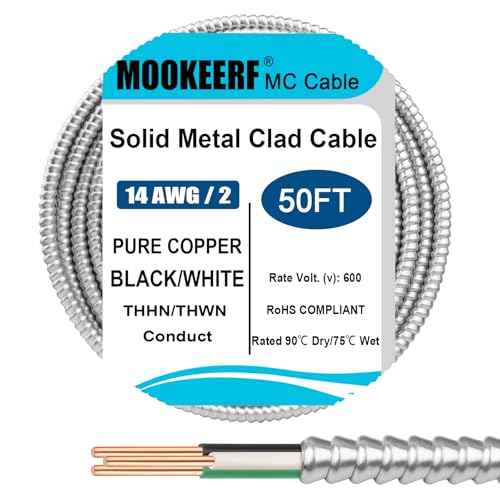 14/2 MC Cable with Ground - 50FT Pure Copper 14AWG/2 Metal Clad Wire with Aluminum Armor 14 Gauge 2 Conductor Type MC Alum Cable