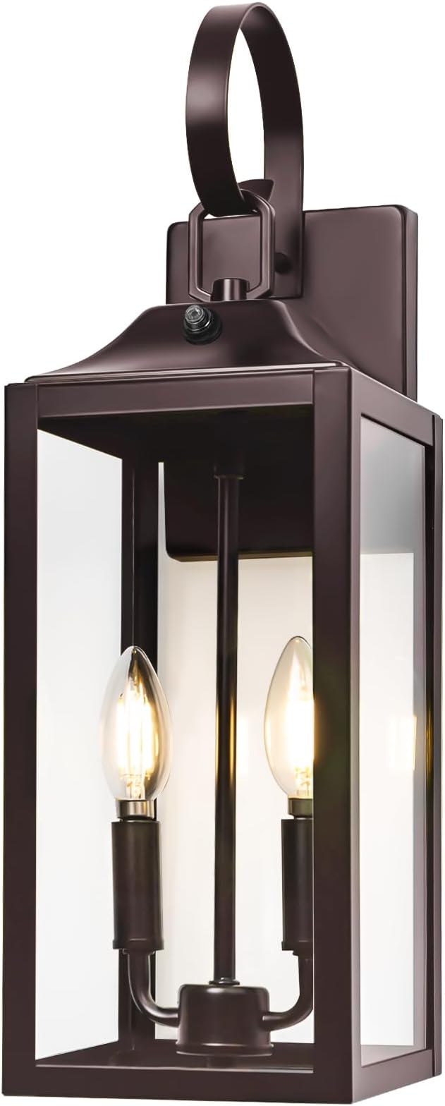 Oil Rubbed Bronze Dusk to Dawn Outdoor Wall Lighting, 19" Large Outside Modern Wall Sconce Lantern, Industrial Porch Light Wall Mount, Waterproof Farmhouse Exterior Lamp 2-Light Brown