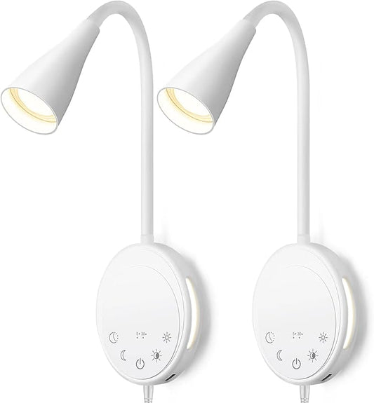 LED Wall Mount Reading Light, Bedside Reading Lights with Touch Control, 5 Dimmable, USB Output, Night Light & Timers, Flexible Gooseneck Headboard Bed Lights Wall Sconce (White-2P)