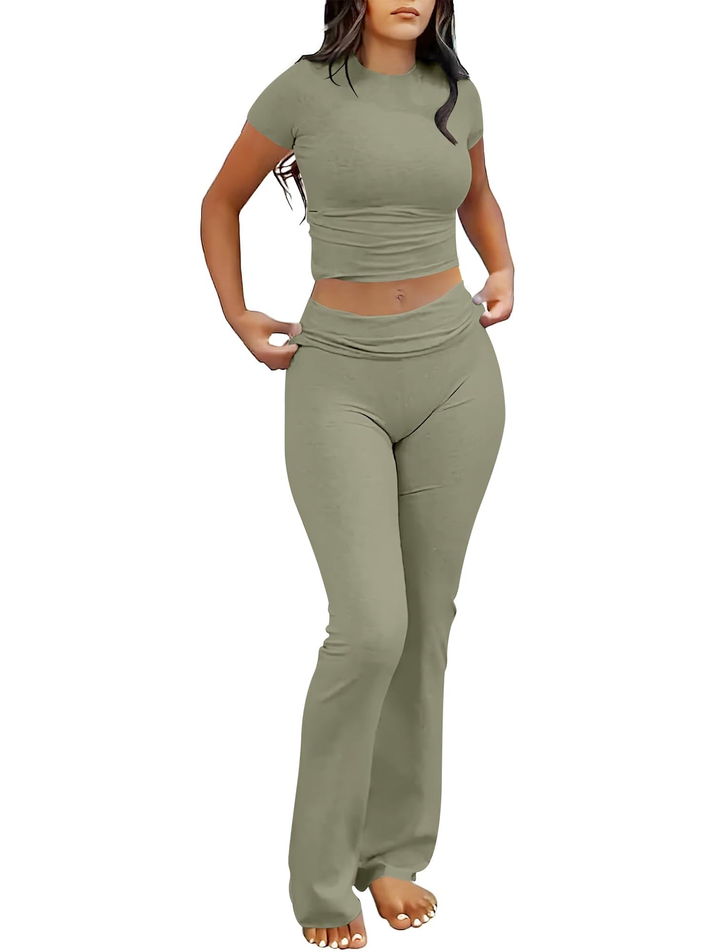ANRABESS Lounge Sets for Women 2 Piece Foldover Yoga Flare Leggings Pants Crop Tops Casual Y2K Outfits Matching Tracksuit Set Olive Small
