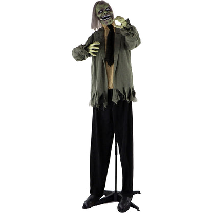 Haunted Hill Farm Life-Size Scary Talking Zombie Halloween Animatronic with Touch Activated Lights and Sound, Battery Operated Indoor or Covered Outdoor Halloween Decorations, Creepy Halloween Props