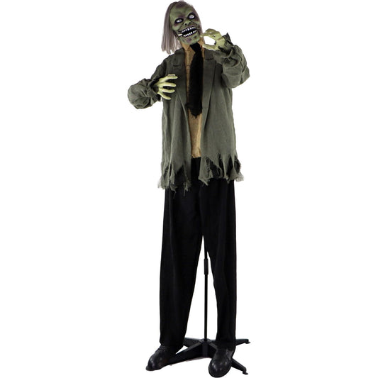 Haunted Hill Farm Life-Size Scary Talking Zombie Halloween Animatronic with Touch Activated Lights and Sound, Battery Operated Indoor or Covered Outdoor Halloween Decorations, Creepy Halloween Props