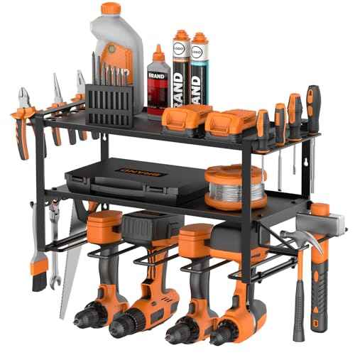 Power Tool Organizer Wall Mount, Drill Holder, Organizers and Storage for Workshop, Garage, Heavy Duty Metal Rack, 4 Drill Holders, 3 Layers, Black