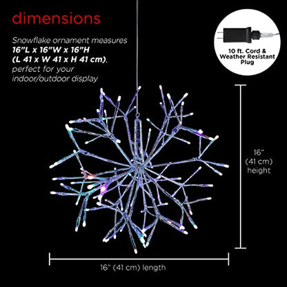 Alpine Corporation 16"H Indoor Holiday 3D Snowflake Hanging Ornament with LED Lights, Silver , Christmas Decoration
