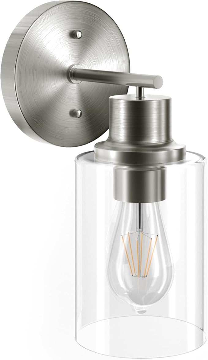GORDNWE 1-Light Bathroom Wall Sconce, Brushed Nickel Vanity Light, Modern Wall Light Fixture with Clear Glass Shade and E26 Bulb Base, Wall Lamp Wall Mount Light Fixtures for Mirror, Bedroom, Hallway