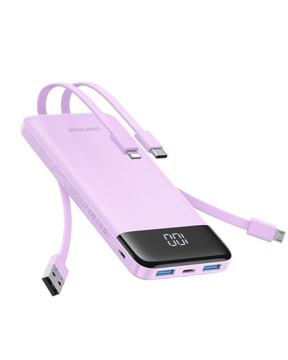 charmast Portable Charger with Built in Cables, 10000mAh Slim Power Bank, 15W USB C in&Out Port High Speed Charging External Charger, Battery Pack Compatible with iPhone 16 15 13 Samsung Google iPad