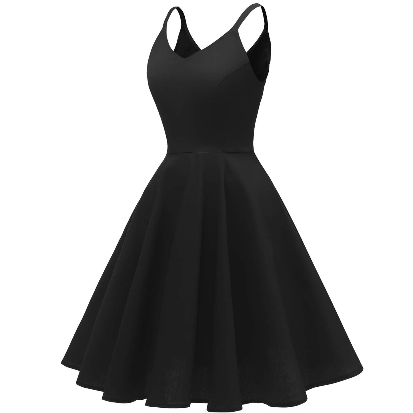 GOOBGS Women's 1950s Retro Vintage Spaghetti Strap Cocktail Swing Dresses with Pockets Black M