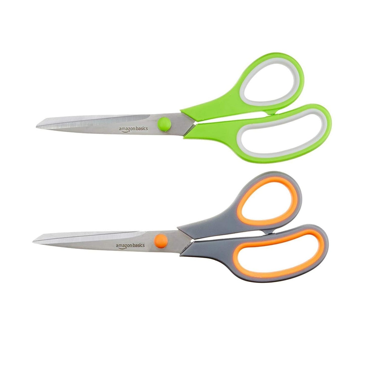 Amazon Basics Stainless Steel Scissors for Office, Crafts, Multipurpose, Sharp, Comfort Grip, PVD Coated, 2 Pack, Green and Grey
