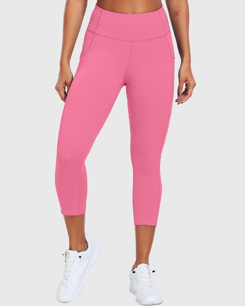 CADMUS High Waisted Workout Legging Capri for Women Athletic Yoga Pants with Two Side Pockets, 1153, Pink, S