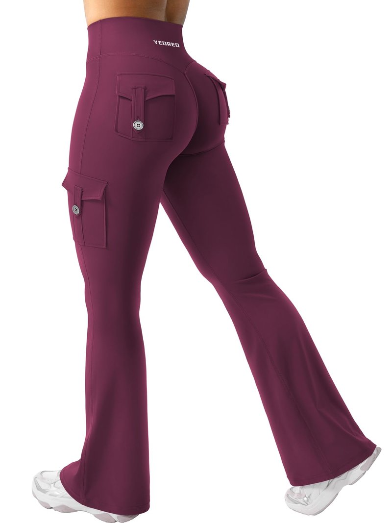 YEOREO CoreFlex Women Workout Flare Leggings with Pockets Hidden Scrunch High Waisted Cargo Gym Yoga Leggings Deep Cherry Red S