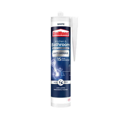 UniBond Anti-Mould White, Waterproof Mould Protection, Long-lasting White Silicone Sealant for Kitchen & Bathroom, Powerful Bath Sealant, 1 x 274g Cartridge