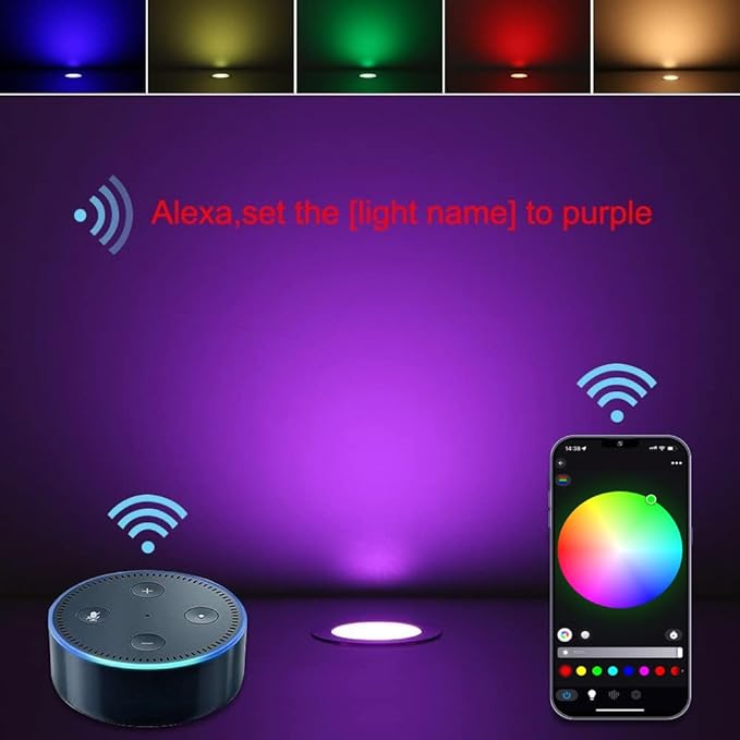 Smart LED Deck Light Kits - 10 Pack of 1.77" Low Voltage Recessed RGBW Deck Lights IP67 Waterproof for Outdoor Landscape Lighting on Steps, Floors & Pathways, Compatible with Alexa & Google Assistant