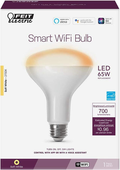 Feit Electric BR30 Smart Flood Light Bulb,2.4GHz WiFi Color Changing and Dimmable, No Hub, Works with Alexa or Google Assistant, BR30/RGBW/CA/AG, 65W, Multi-Color (RGBW), 1 Count (Pack of 1)