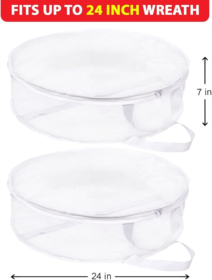 ProPik Christmas Wreath Storage Bag 24" - 2 Pack Clear Xmas Wreath Storage Container - Garland Holiday Artificial Wreath Storage Holder - Water Proof Transparent PVC - with Handles (24 Inch, White)