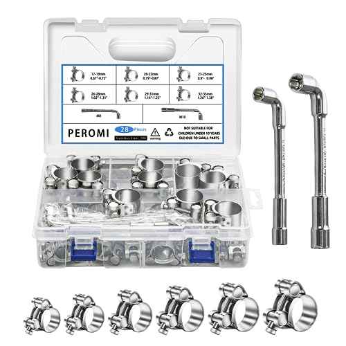 T-bolt Hose Clamps, PEROMI 28pcs 6 Size Heavy Duty Radiator Hose Clamps Assortment Kit-Size Range 17-35mm, 304 Stainless Steel Pipe Tube Clamps