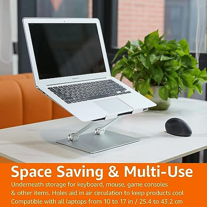 Amazon Basics Sturdy and Portable Ergonomic Laptop Stand for Desk, Adjustable Riser, Fits all Laptops and Notebooks up to 17.3 Inch, Silver, 10 x 8.7 x 6 in
