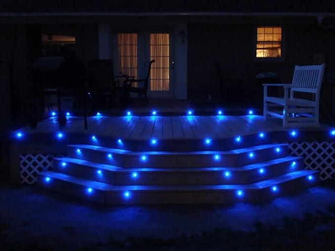 Led Deck Lights Blue Outdoor Waterproof Low Voltage Stainless Steel 1W Outdoor Yard Garden Decoration Lamps Landscape Pathway Patio Step Stairs LED In-ground Lights(Silver Border,1 Pack