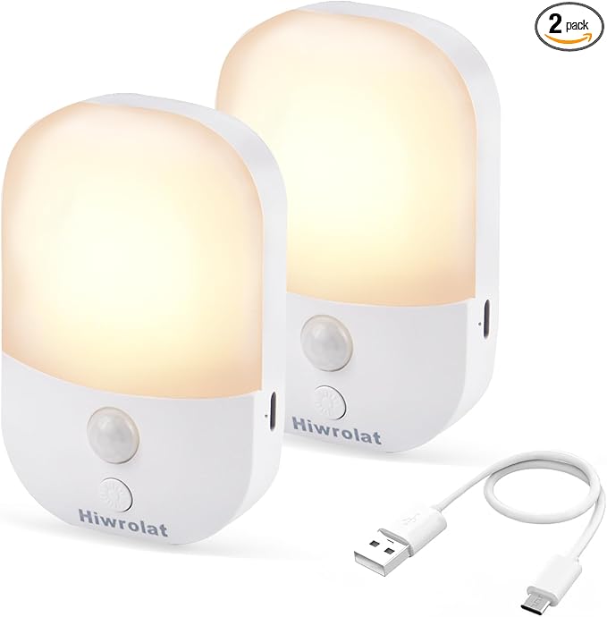 Night Light with Auto Motion Sensor, Rechargeable Battery, Type-C LED Stick-On Closet Light with Twilight Sensor, Adjustable Brightness, Warm White for Wall, Hallway, Stairs, Cabinet (2 Pack)