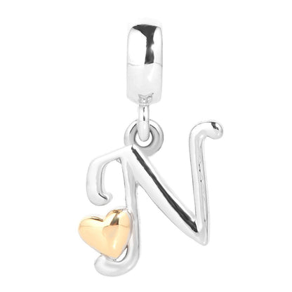 QueenCharms Initial A-Z Letter Charm Golden Heart Alphabet Dangle Beads For Bracelets & Necklaces (N)