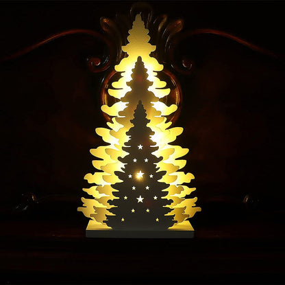 Supergorea Wooden Christmas Tree Tabletop Decor, LED Wood Craft Christmas Trees Light 2AA Battery Powered 10 inch for Xmas Home Decorations(Indoor)