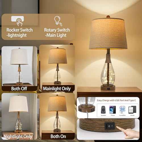 OYEARS 23" USB A+C Table Lamp for Bedroom Living Room Modern Bedside Lamps Retro Farmhouse Rattan Glass Nightstand Nightlight Lamps,Two Light Points