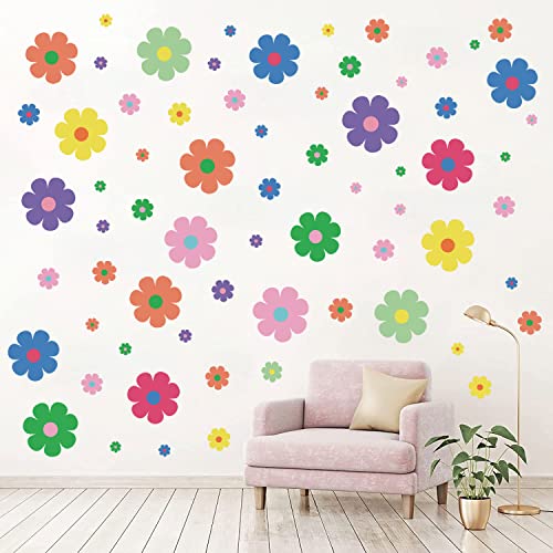 Supzone 68Pcs Cute Colorful Flower Wall Sticker - Preppy Hippie Theme Floral Wall Decal Aesthetic Retro Flowers Art Sticker for Girl's Room, Teen Bedroom, Living Room, Dorm, Home Decoration
