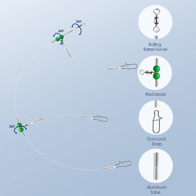 Luroad Fishing Wire Leader Fishing Rigs Nylon-Coated Lines with Swivels Snap Beads Stainless Steel Hooks Crimps Saltwater Freshwater for Fishing Lovers Angler (D.2 Arm-Green-6pcs)