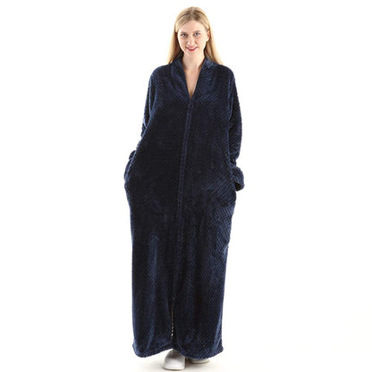 Oksun Womens Plus Size Fleece Dressing Gown Soft Bathrobe Full Length with Zipper, Navy, UK14-20(label XL)